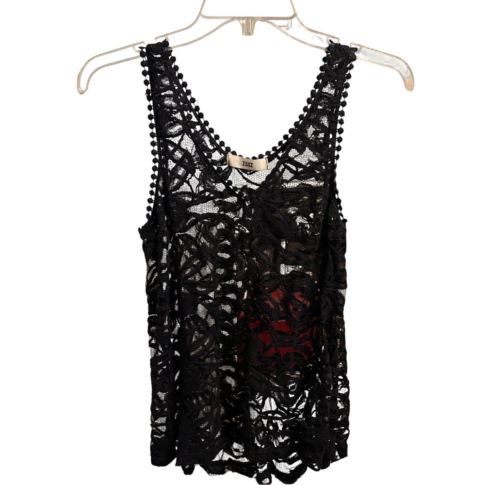 ISSI Lace Tank Top Womens Small Black Gothic Boho‎ Sheer V-Neck Pom Pom Trim
